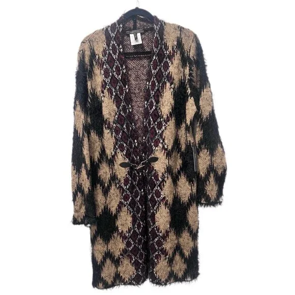 MAXSPORT BCBGMaxazaria Cardigan Sweater Open Front Long Black Tan Women Size Med - Picture 1 of 11